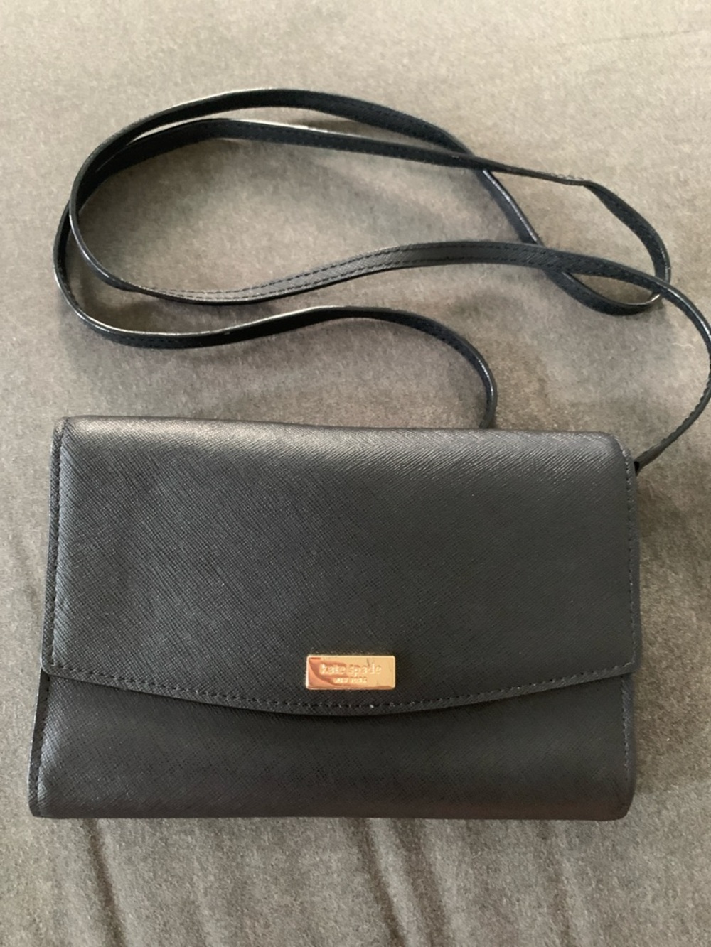 kate spade Black Saffiano Crossbody Wallet with Gold Plaque